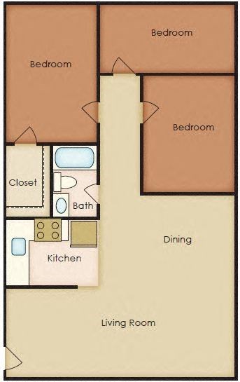 Floor plan for 3 beds, 1 bath, 1060 sqft